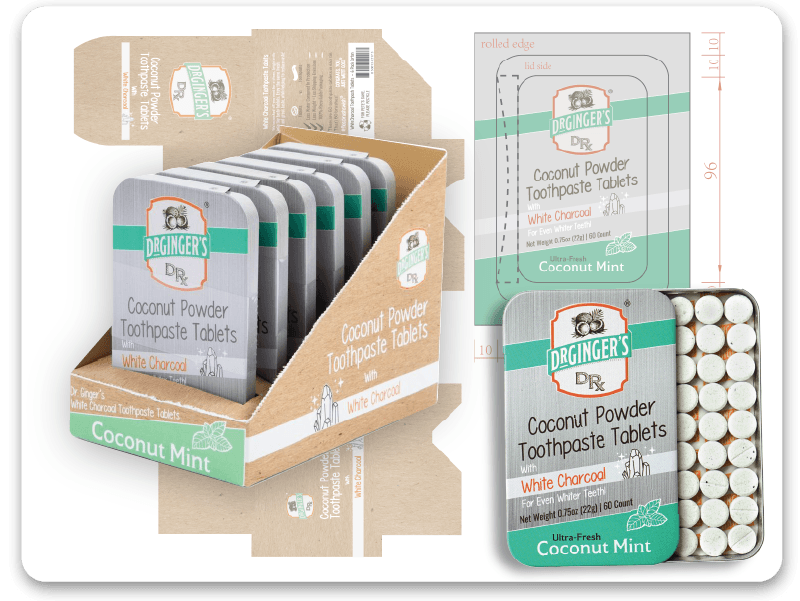 Bent Creative Service: Packaging Design showcasing Dr. Ginger's White Charcoal Toothpaste Tablets