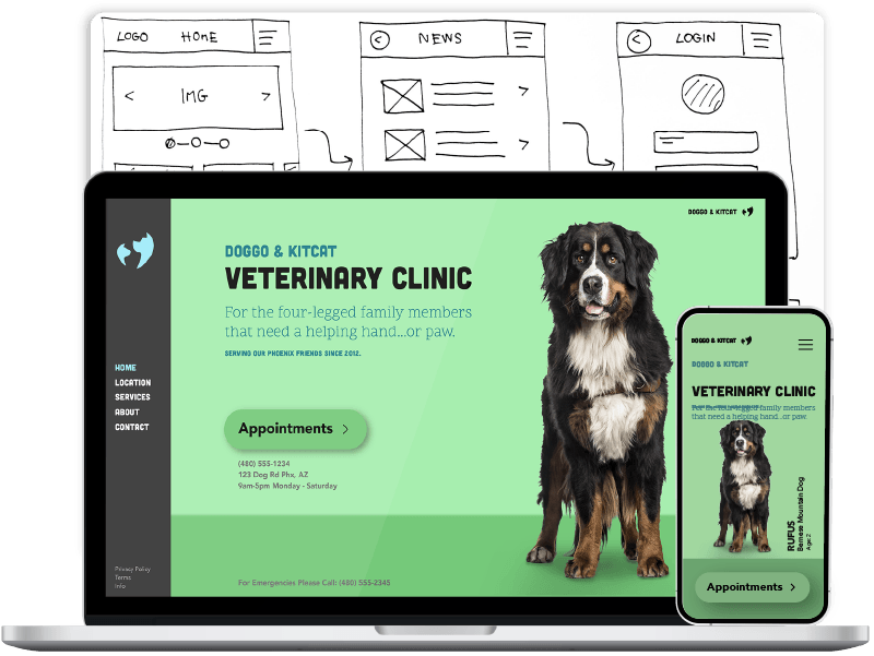 Bent Creative Service: Website design and development showcasing doggo and kitcat services - a fictitious company used as a placeholder