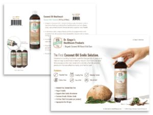Bent Creative Service: Sell Sheet design showcasing a sell sheet for Dr. Ginger's Coconut oil Mouthwash